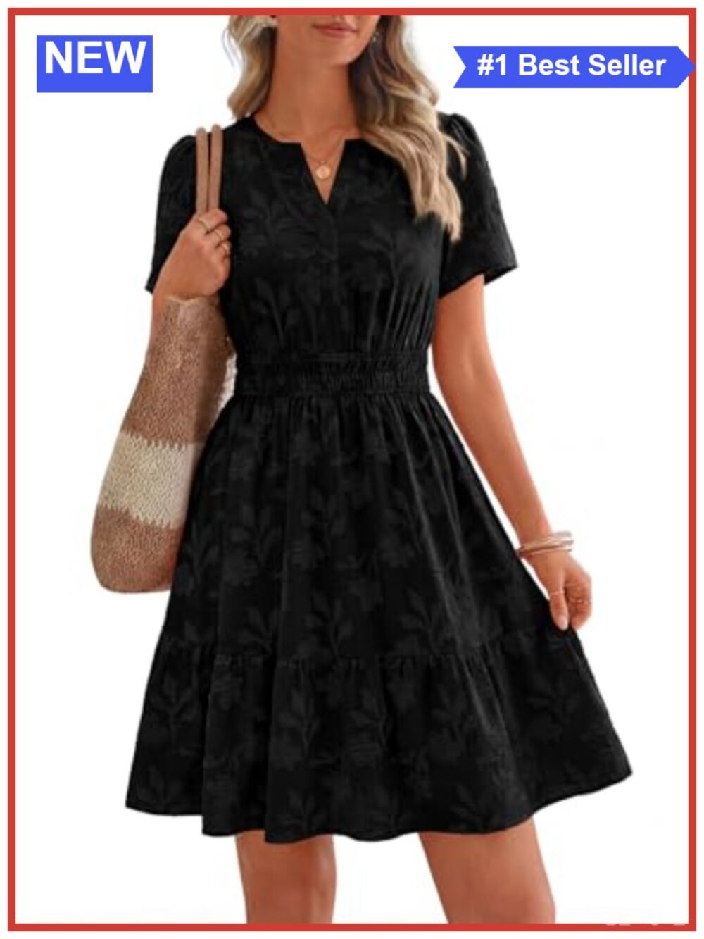 Women's Summer Mini Dress with Pockets Floral Short Sleeve V Neck Elastic Waist
